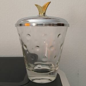 Kromex Polka Dot Glass Jar with Lid 4" strawberry Vintage 50s MCM preserves